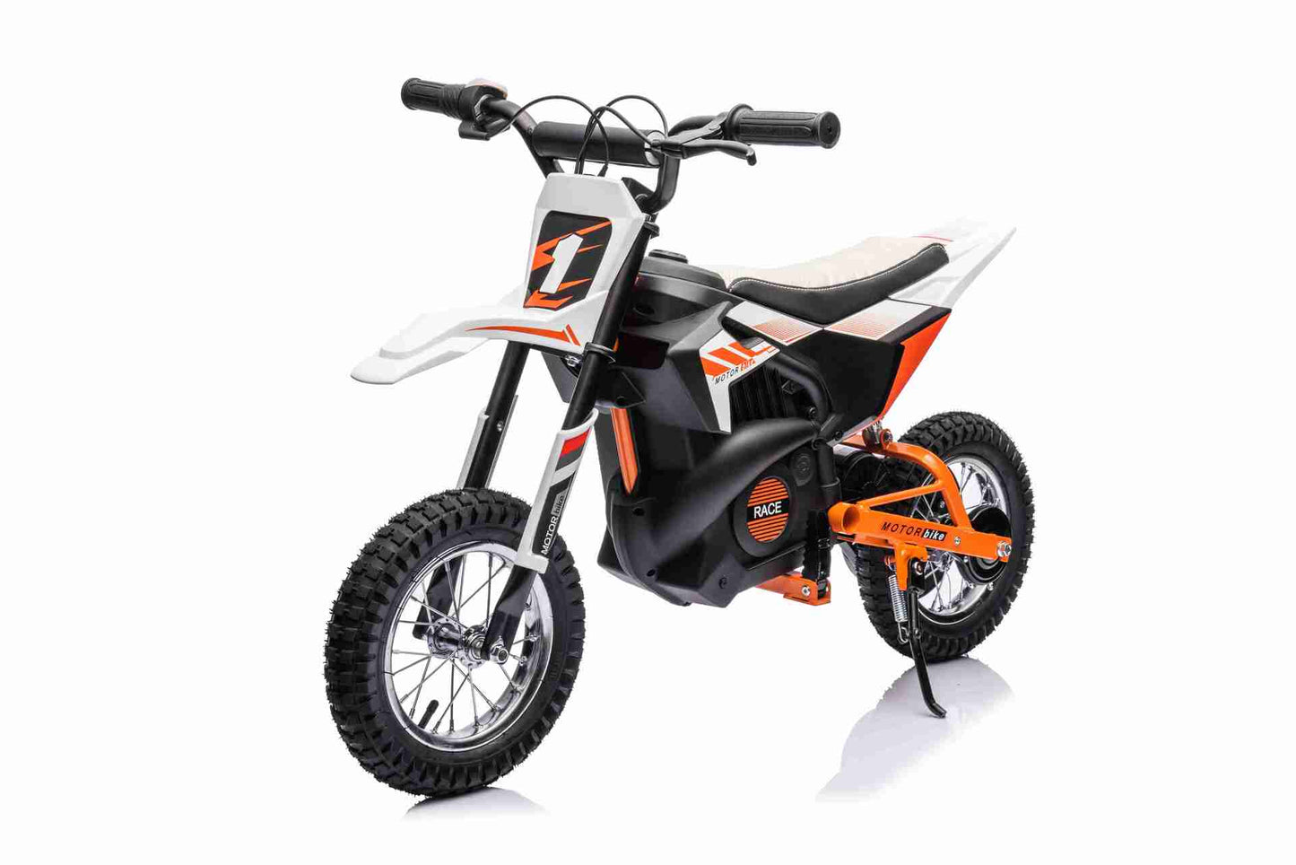 24V SCRAMBLER DIRTBIKE MOTORBIKE - 24V - 250W - LEATHER SEAT / AIR WHEEL - WHITE/ORANGE (KML)