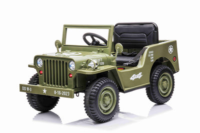 JEEP WILLY VINTAGE 12V CHILDREN'S RIDE ON CAR - LEATHER SEAT - EVA WHEELS - MP3 (OLIVE GREEN)