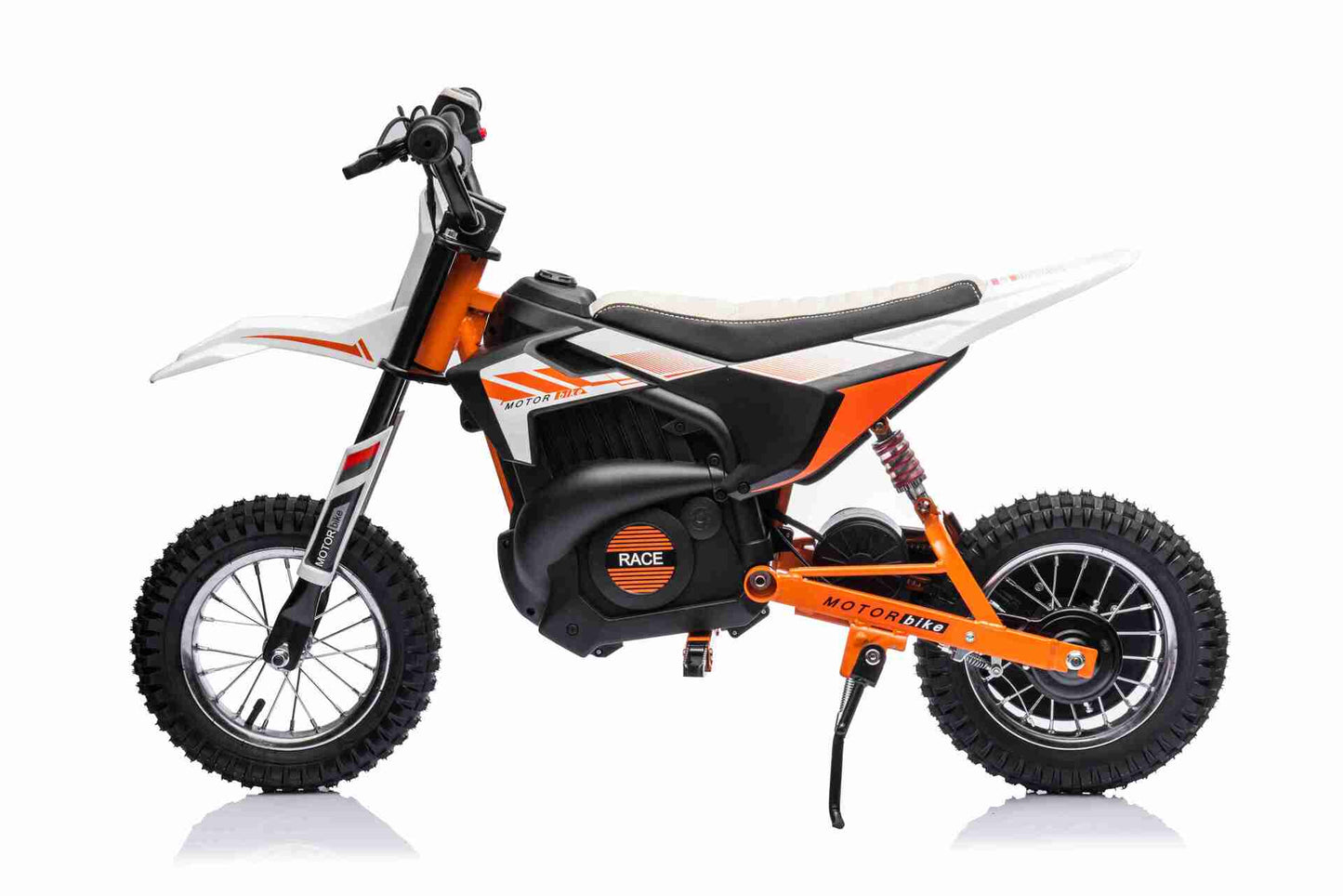 24V SCRAMBLER DIRTBIKE MOTORBIKE - 24V - 250W - LEATHER SEAT / AIR WHEEL - WHITE/ORANGE (KML)